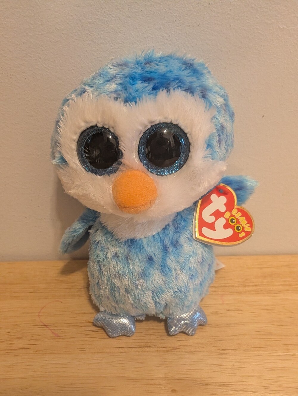 Ty Blue Plush Owl with Orange Beak and Shiny Silver Feet